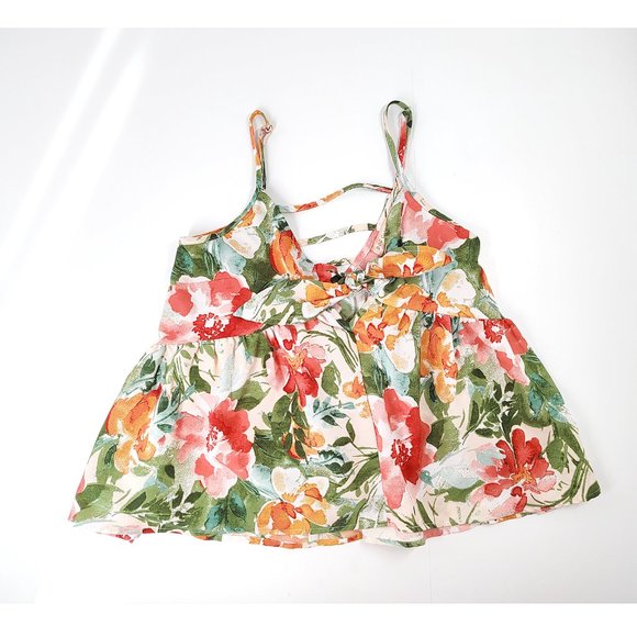 Floral Cropped Ruffle Tank Top Summer Swing Tropical Bow Boho S - Picture 8 of 12